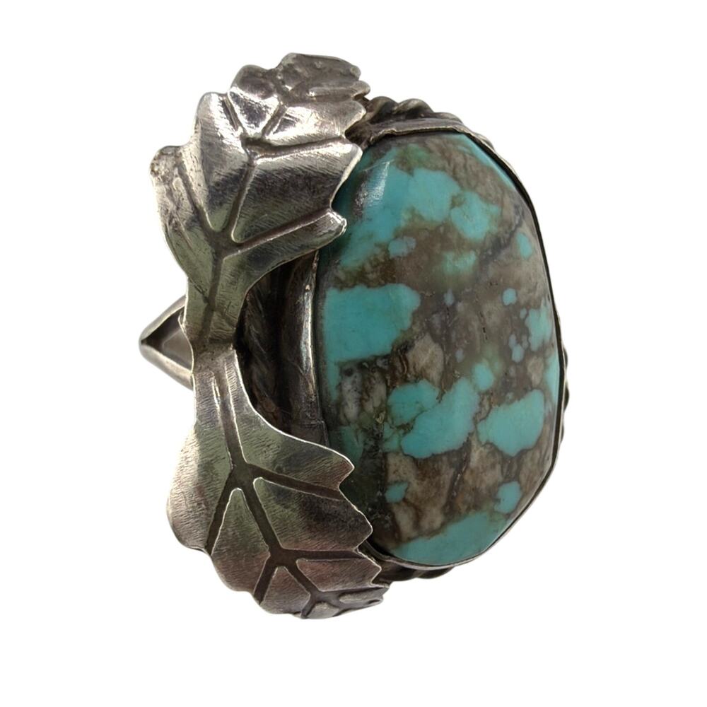 Vintage Navajo Sterling Silver Turquoise Leaf Ring 6.5